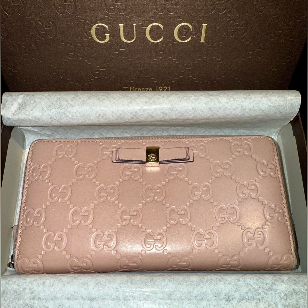 Gucci Guccisima GG Leather Zip Around Wallet Blush Pink Zippy Continental Bow - Picture 6 of 16